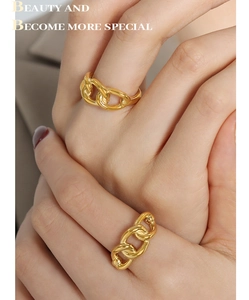Detailed view of polished Cuban link chain rings in 18K gold plated titanium steel