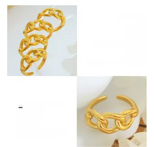 Detailed macro view of heavy chain link ring crafted in 18K gold plated titanium steel