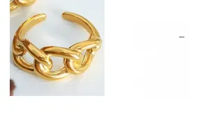 Macro detail of 18K gold plated chain link ring featuring a polished metallic texture