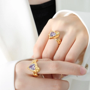 Geometric Heart Inlaid Zirconia Green Glass Open Ring Titanium Steel Gold Silver Plated Personality Jewelry Ring For Women