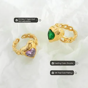 18K gold plated chain rings with heart-shaped purple and green zircon crystals