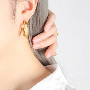 French vintage style 18K gold plated titanium hoop earrings with inset white pearls