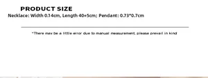 Size chart showing meteorite pendant dimensions 0.73x0.7cm and necklace length 40+5cm