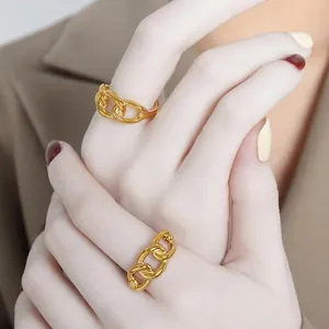 Polished 18K gold-plated chain link open rings for women with minimalist style