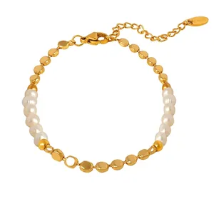 Bracelet Chaîne En Laiton Brillant Chic Français Avec Perles D'eau Douce Naturelles Bijou Élégant Réglable Pour Femmes