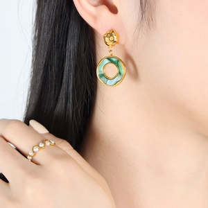 Geometric Hoop Dangle Earrings Titanium Steel Green Resin White Rhinestone Vintage 18K Gold Plated Elegant For Women