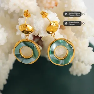 French style 18K gold plated earrings with green resin pendants and titanium posts