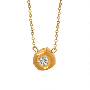 Hexagon Pendant Necklace Titanium Steel 18K Gold Plated Round Zircon Geometric Inlaid Minimalist Jewelry For Women