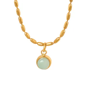 Collier Pendentif Pierre Naturelle Ronde Plaqué Or 18K Acier Titane Chaîne De Perles Rétro Bijoux Pour Femmes