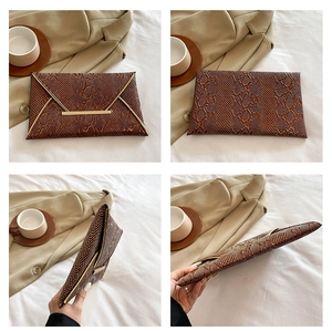 Four views of a brown snakeskin texture envelope clutch bag with gold hardware details