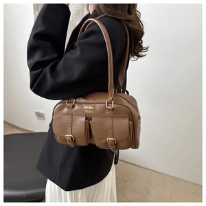 Retro brown multi-pocket shoulder bag with gold hardware and top handles for women