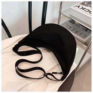 Close-up of black nylon crescent bag featuring smooth texture and zipper closure