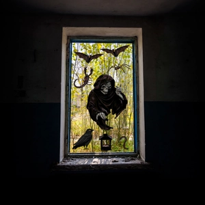 Detailed Halloween window decals featuring realistic grim reaper, bats, and raven motifs