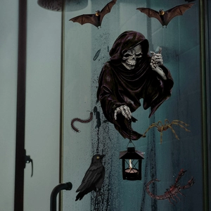 Detailed Halloween static stickers showing reaper, bats, and spiders on a glass door