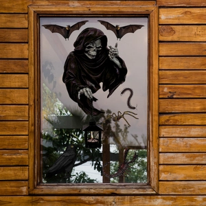 Halloween window stickers featuring grim reaper, bats, and spiders for spooky home decor