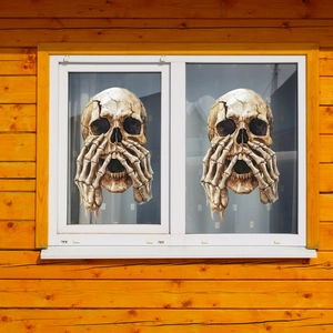 Detail of Halloween skull window clings with realistic static design on glass surface