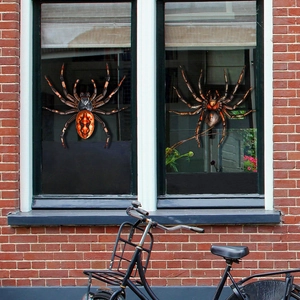Buitenaanzicht van grote oranje en zwarte spin raamstickers op glas met een fiets erbij