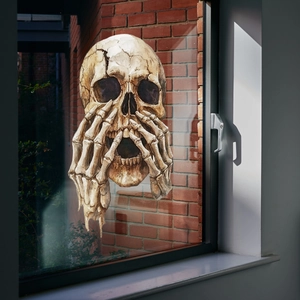 Detailed 3D skull and skeletal hands static window cling for spooky Halloween decor