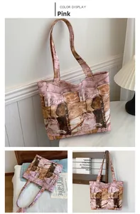 Detail view of pink printed canvas tote bag with retro patterns and dual top handles