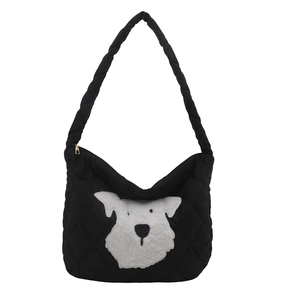 Black quilted nylon tote bag with cute plush puppy patch and wide shoulder straps