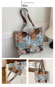 Detail display of large canvas tote bag with realistic blue denim patchwork printing