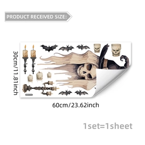 Halloween window decals set with skulls, bats, and gothic candles, size 60x30cm
