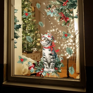 Christmas Window Clings PVC Cat Owl Pattern Holiday Glass Decor Static Stickers Double Sided Visible Home