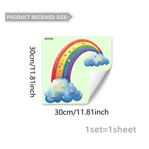 Detailed size specifications for rainbow and blue cloud glow-in-the-dark wall stickers