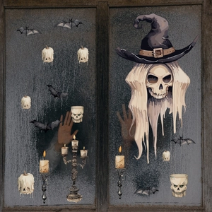 Halloween window stickers featuring a wizard skull and bats on a foggy window pane