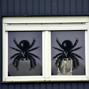 Detail van Halloween raamdecoratie met realistische zwarte spinnen en skelet motieven
