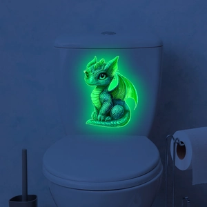 Luminous green baby dragon wall sticker glowing in dark on bathroom toilet tank