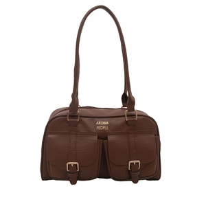 Retro dark brown leather shoulder bag with two front flap pockets and gold hardware