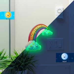 Luminous rainbow and cloud wall stickers showing glow-in-the-dark effect day and night