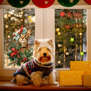 Festive double-sided Christmas window decals with hand-drawn cat and bird holiday patterns