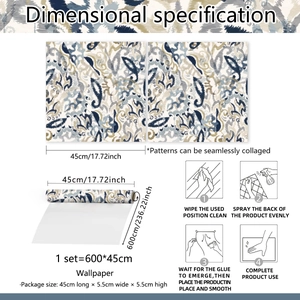 Blue-gold vintage paisley wallpaper detail with dimensions and installation instructions