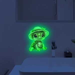 Luminous green sea turtle wall sticker with straw hat glowing in dark bathroom decor