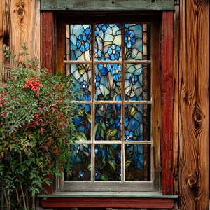 Détail du film décoratif pour fenêtre style vitrail avec motifs de fleurs bleues et feuilles
