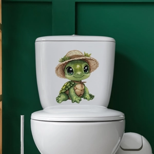 Waterproof 3D cartoon turtle sticker with straw hat applied on white toilet tank surface