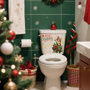 Detail of Christmas cat sticker with Merry Christmas text on a green tiled wall