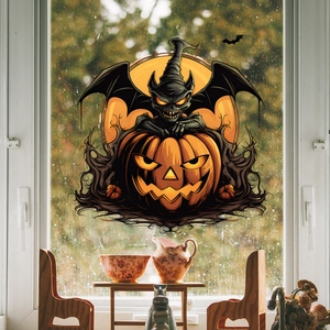 Halloween raamstickers met een Jack-o'-lantern pompoen en vleermuis met een hoed