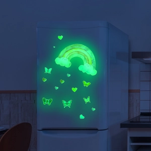 Luminous rainbow cloud and butterfly wall stickers glowing green in the dark for bedroom decoration