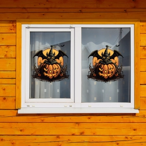 Detail van Halloween raamstickers met oranje pompoenen en donkere gevleugelde monsters
