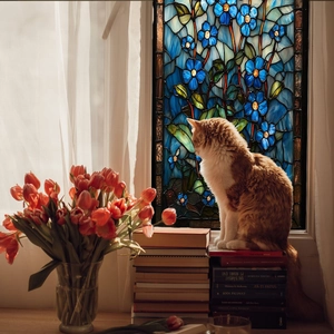 Panneau décoratif en vitrail de fleurs bleues avec chat près de la fenêtre