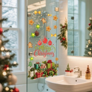 Detail of double-sided Christmas window clings featuring gingerbread man and gift boxes