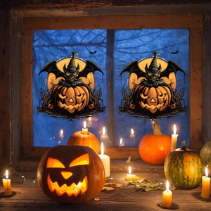 Halloween raamstickers met pompoenduivel en vleermuizen in gezellige kaarsensetting