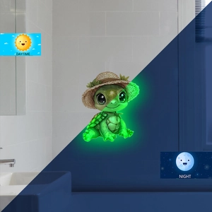 Glow-in-the-dark sea turtle wall sticker showing day and night visual effect comparison