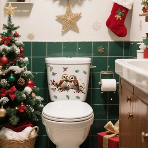 Close-up of double-sided Christmas owls stickers with holly berries on a white toilet tank
