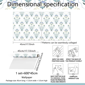 Detail guide showing dimensions and seamless installation steps for floral wallpaper