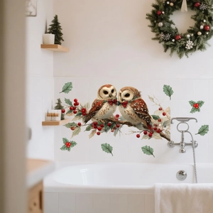 Detailed Christmas owl wall stickers on white tile with red berries and winter leaves
