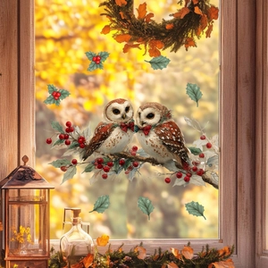 Detailed view of owl and red berry stickers on glass window with autumn garden background